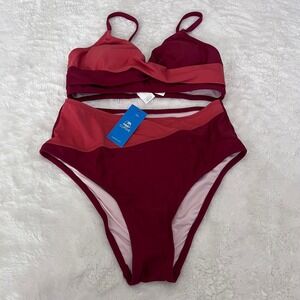 Cupshe Womens Colorblock Twist Front High Waisted Bikini Set Burgundy Red S NEW
